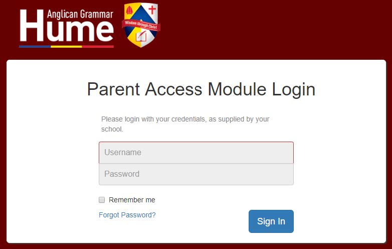 hume parent portal login
